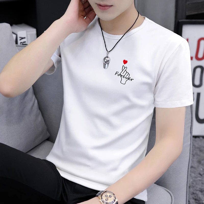 夏季新款圆领纯棉短袖t恤男帅气白色半袖潮薄款字母休闲体恤男衫