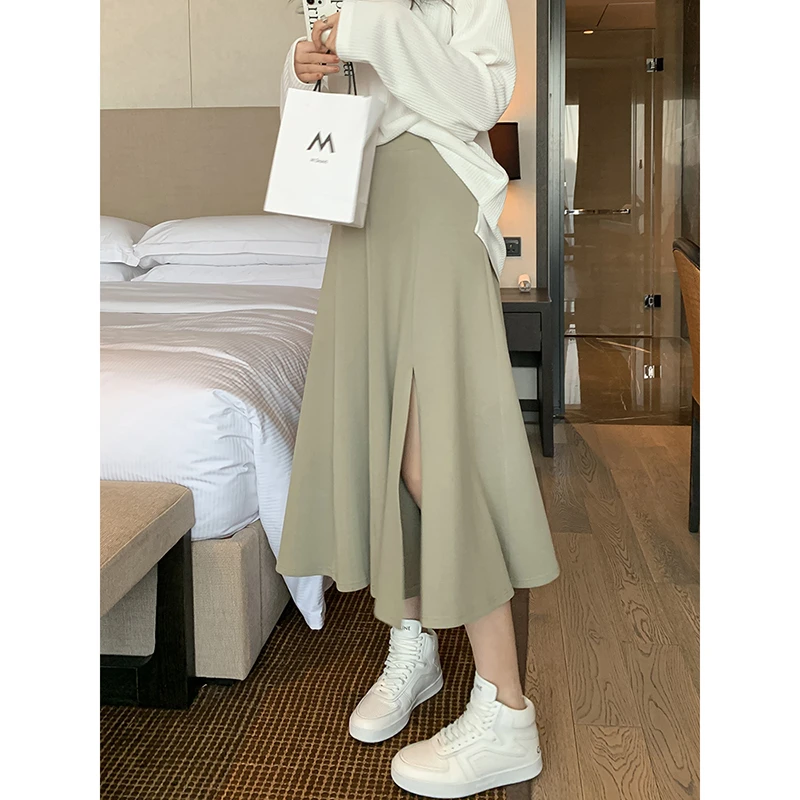 S-5XL-高质量中长款高腰气质开叉垂感西装裙 9922