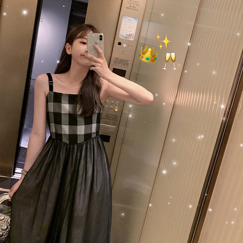 ROUWANBABY肉完 拼接连衣裙女夏收腰显瘦一字肩无袖中长款吊带裙