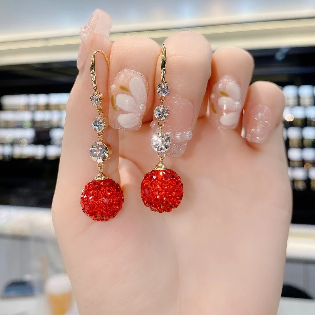 铜合金耳饰 新款镶锆红色球球耳环简约个性精致时尚气质耳饰g160