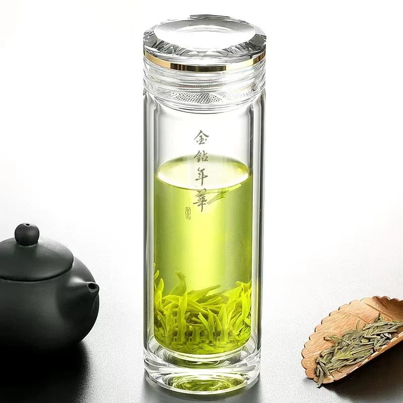 茶管家金钻年华水杯玻璃杯双层透明茶杯加厚隔热便携隐形网茶水杯