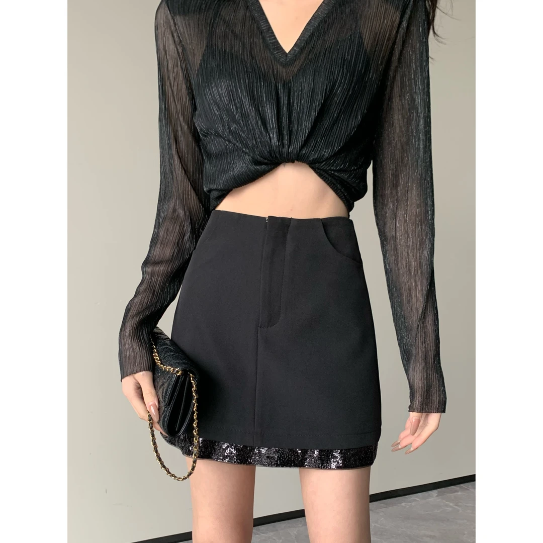 JIJINQI气质高腰显瘦半身裙2024夏季纯欲黑色高腰短裙JINQCSP0325