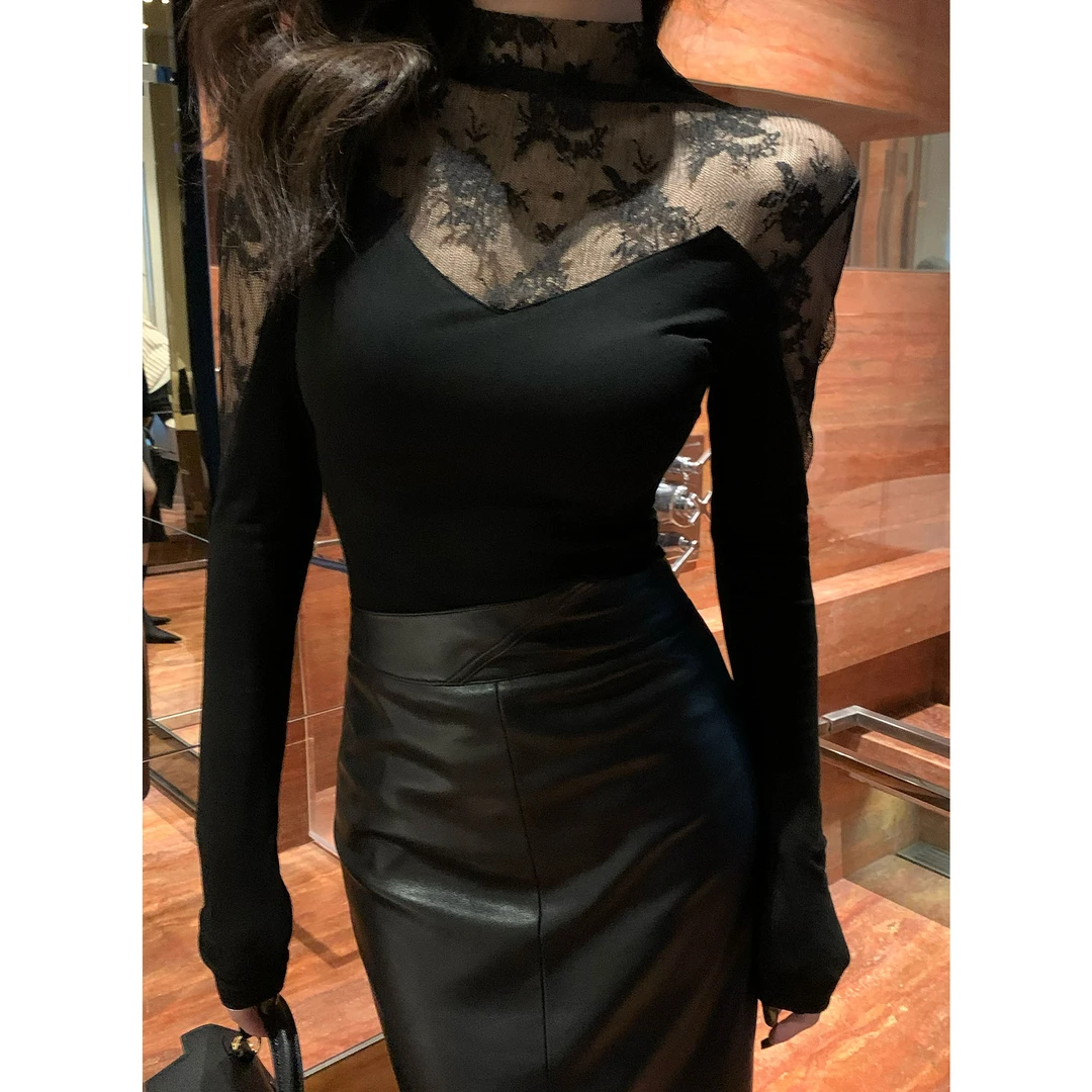 JIJINQI显瘦蕾丝气质长袖修身上衣秋季新款百搭上衣女JC08SZPT352