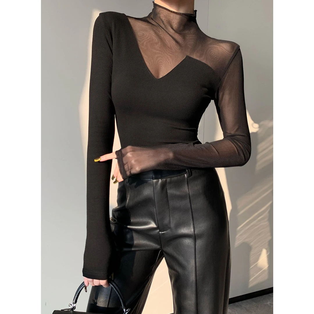 JIJINQI时尚修身百搭拼接上衣秋季新款设计感网纱上衣JC08SZPT314