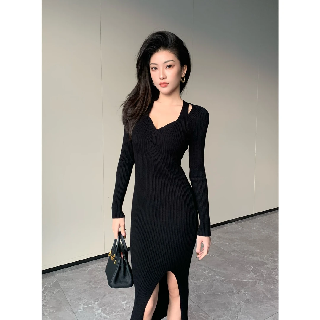 JIJINQI显瘦气质长袖针织长裙黑色开叉修身时尚连衣裙JC08LMPT376