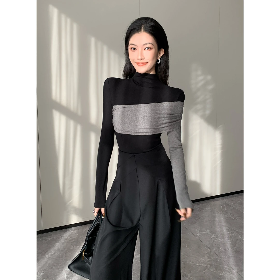 JIJINQI百搭显瘦半高领秋冬长袖拼接设计休闲修身上衣JC07SZPT238