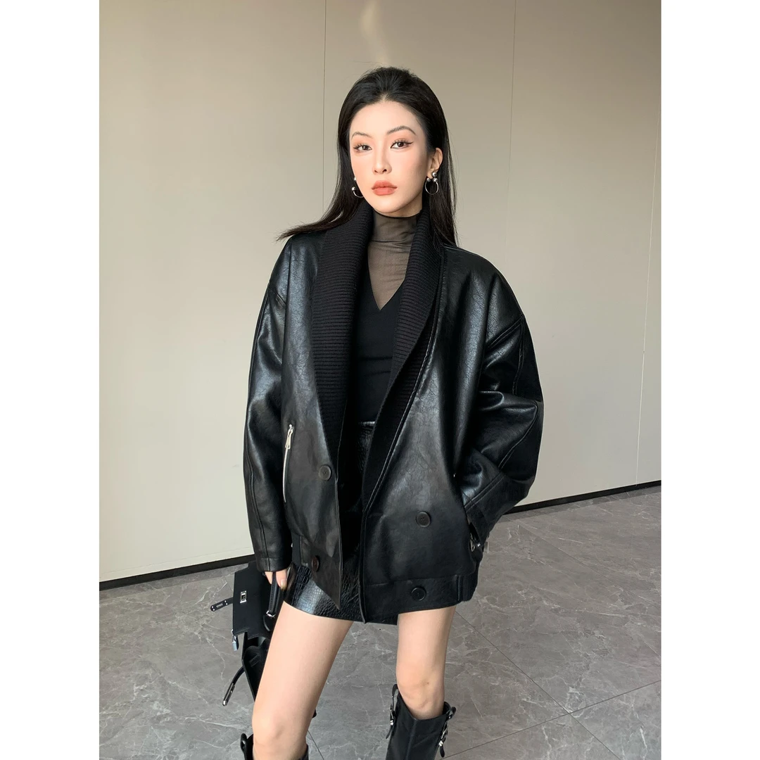 JIJINQI时尚休闲百搭黑色加绒外套冬季宽松皮衣外套女JC12WZPT733