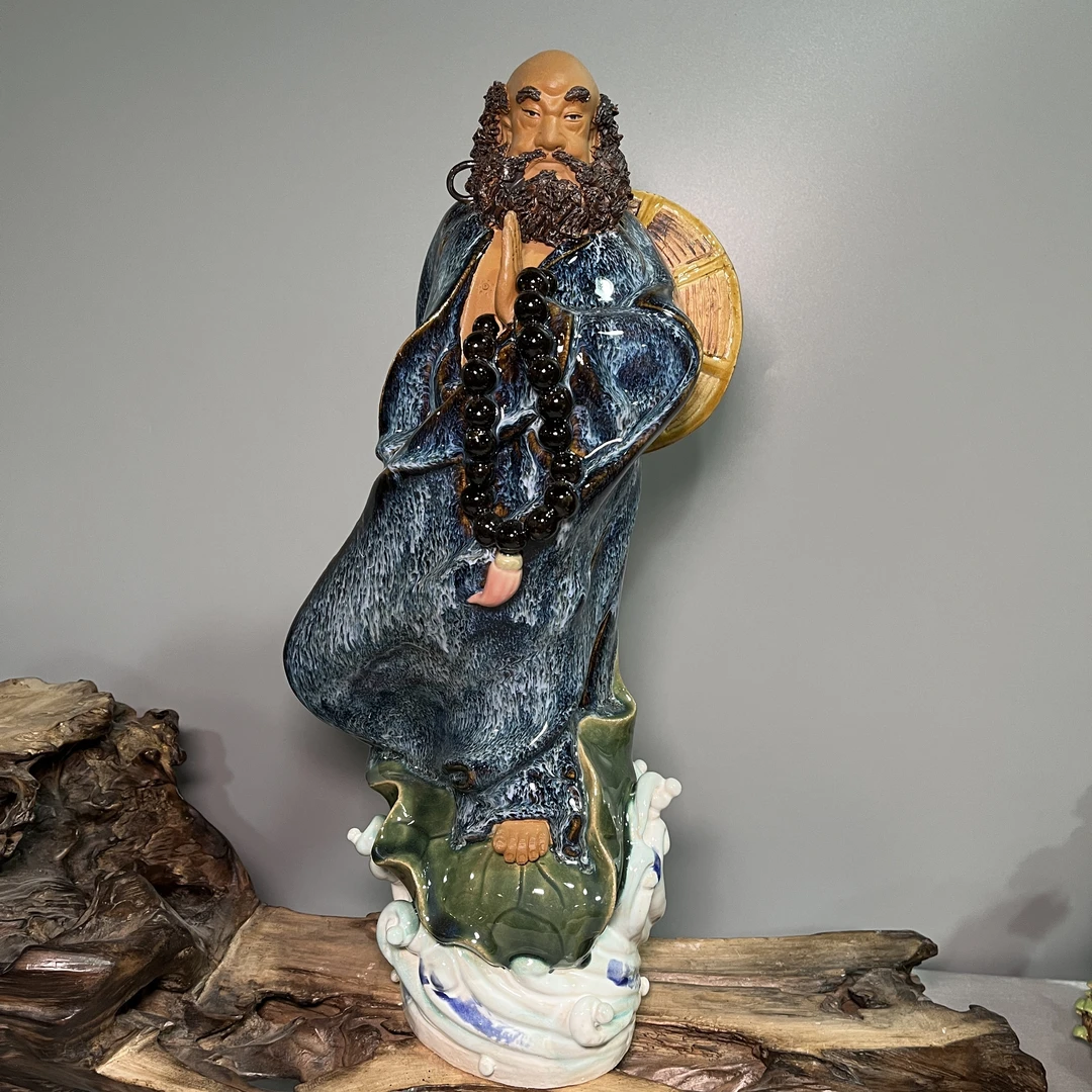 【一苇渡江-达摩】雕刻高47精品石湾公仔麒麟家居摆件工艺品陶瓷