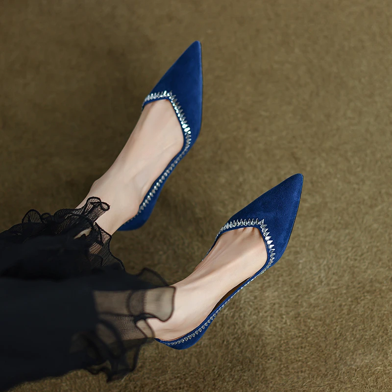 尺码34-40/跟高6cm/时尚水钻细跟瓢鞋尖头真皮单鞋女浅口高跟鞋