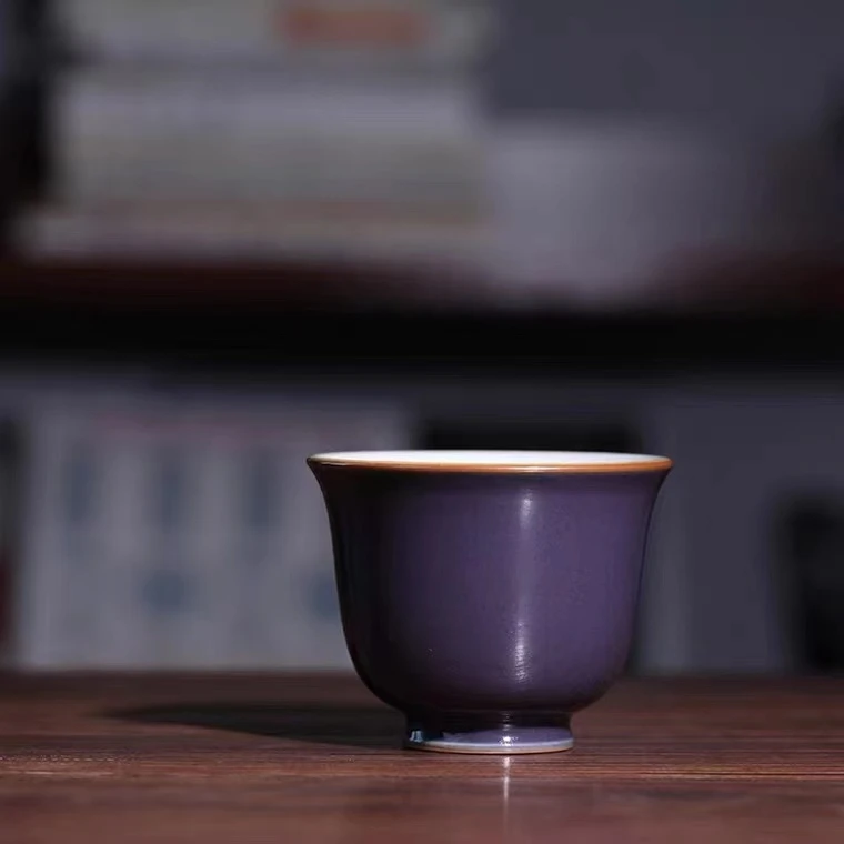 【赏茗轩】拾玉窑全手工黛紫主人杯 手绘汝窑色釉