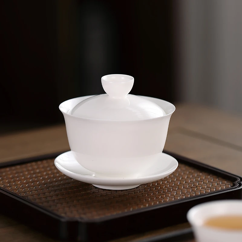 Haomingtian陶瓷茶具骨瓷小盖碗白瓷泡茶碗潮汕功夫茶薄胎三才杯