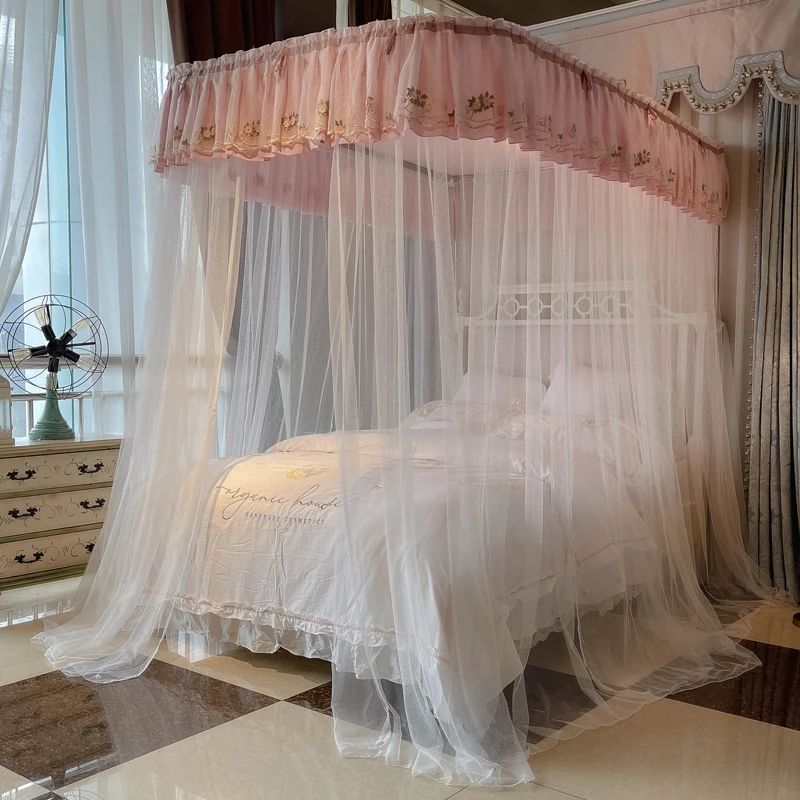 夏季家用双层落地豪华拉绳开门款半自动U型铝合金导轨蚊帐三开门