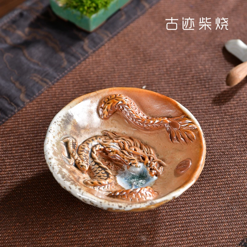 柴烧窑纯手工手捏斗笠内雕盘龙陶瓷主人杯个人杯茶具杯