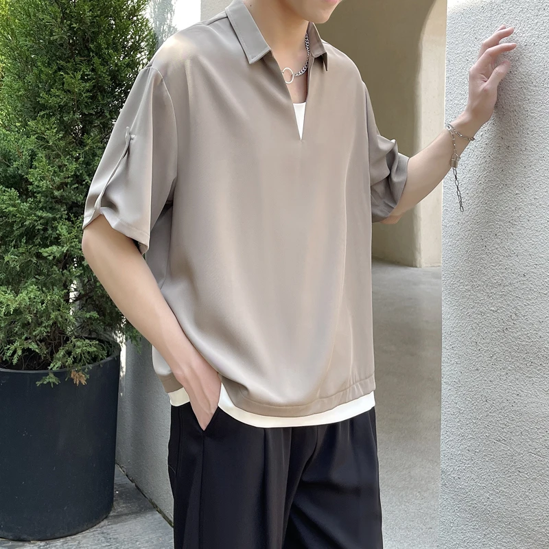 阿航原创夏季套头冰感宽松潮牌ins衬衫垂感T恤上衣休闲纯色潮流