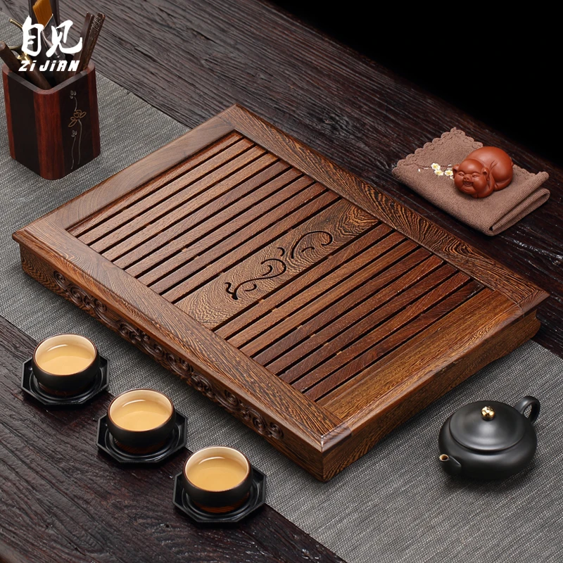 鸡翅木茶盘家用实木储水功夫茶具大号简约沥水红木茶海茶托盘茶台