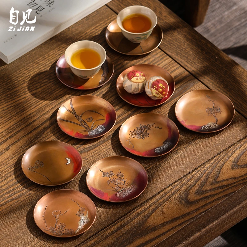 纯铜茶杯垫杯托杯垫功夫茶具茶道配件手工大日式隔热紫铜茶托茶垫