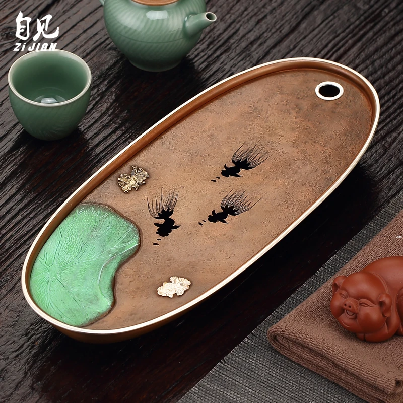 自见纯铜小茶盘干泡储水家用高档日式功夫茶具手工你米茶托盘茶台