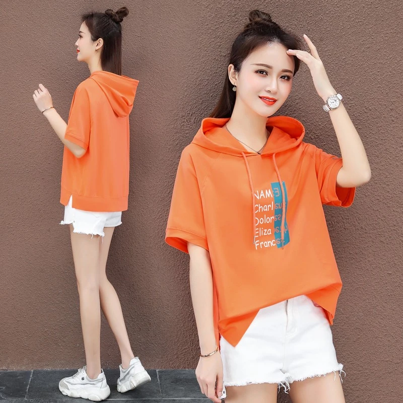 休闲潮牌连帽短袖t恤女2025夏季新款ins韩版宽松显瘦百搭薄款卫衣