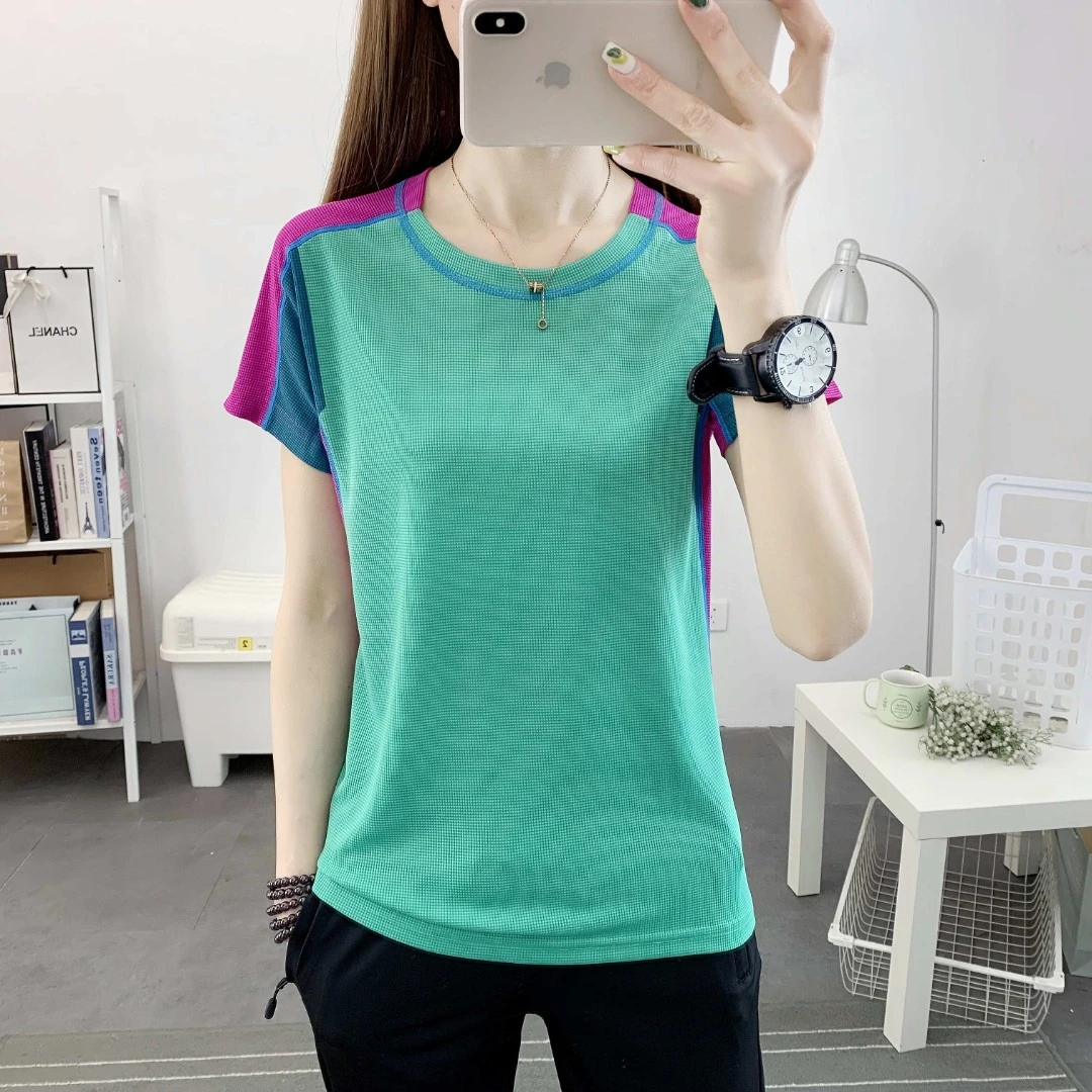 拼色速干t恤女透气大码半袖跑步运动户外快干衣短袖圆领服饰直播