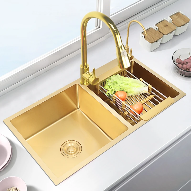 304手工加厚纳米金色水槽厨房不锈钢洗菜盆双槽台下盆大号洗碗池