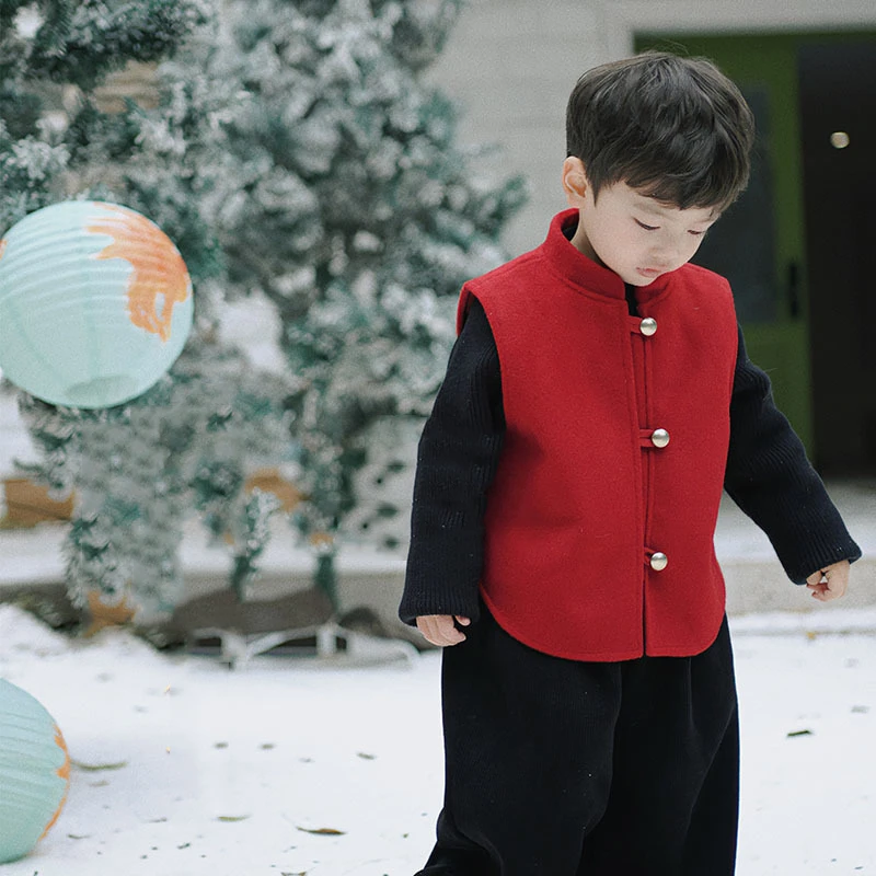 童装男女童国风拜年服秋冬洋气儿童新中式红色毛呢马甲上衣