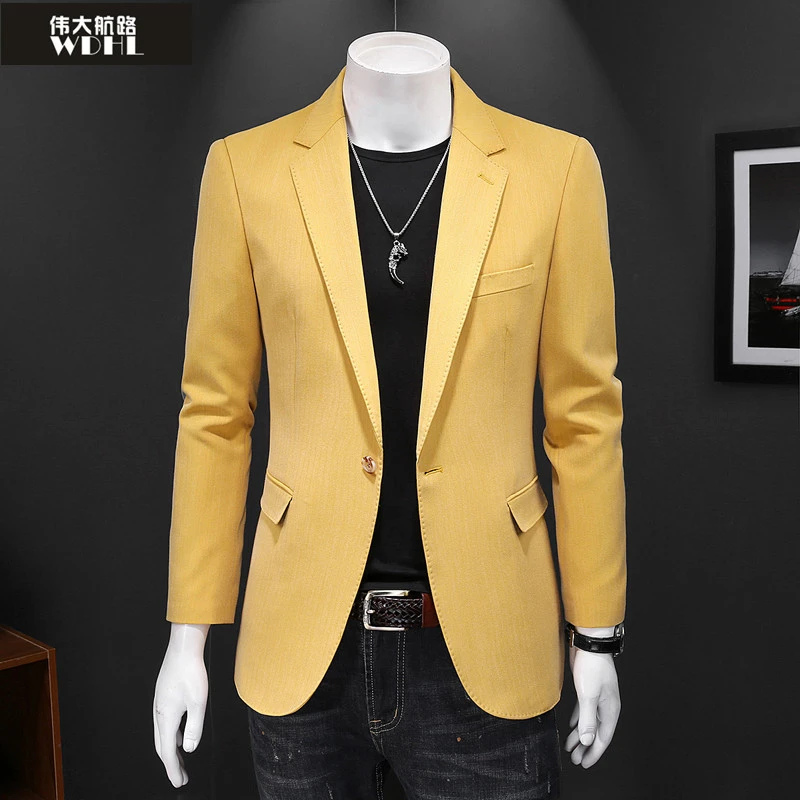 春秋季男士黄色小西装加肥加大码休闲单西外套潮流帅气纯色西服潮