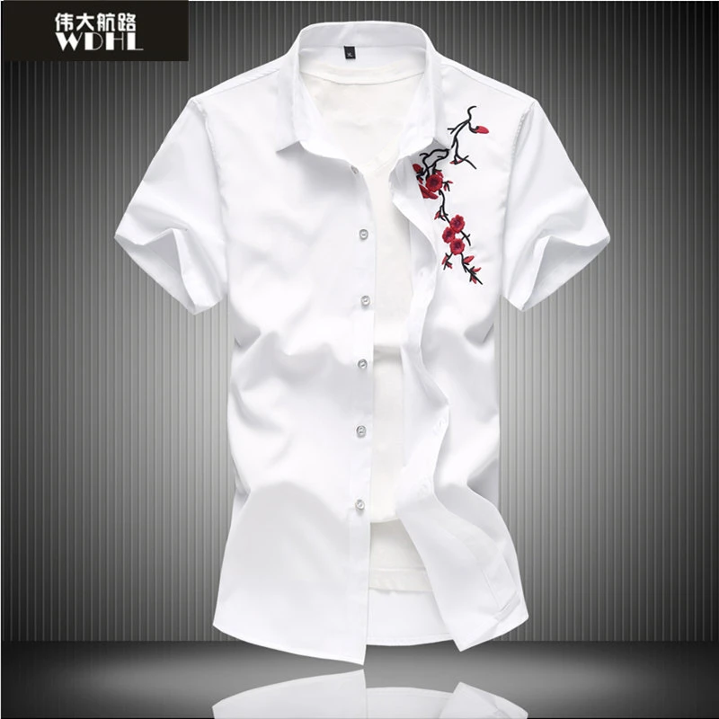 中国风男士绣花短袖衬衫商务休闲夏季衬衣理发师帅气外穿寸衫潮男