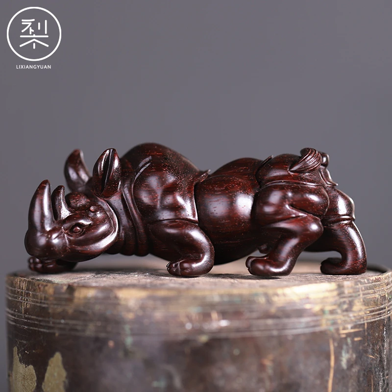 梨香院《犀牛手把件》印度小叶紫檀木湘工手工雕刻小件把玩物件男