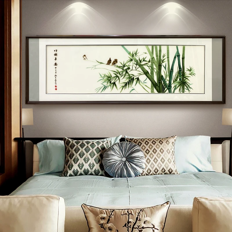 竹报平安现代新中式卧室床头装饰画 横幅竹子苏绣刺绣成品挂画