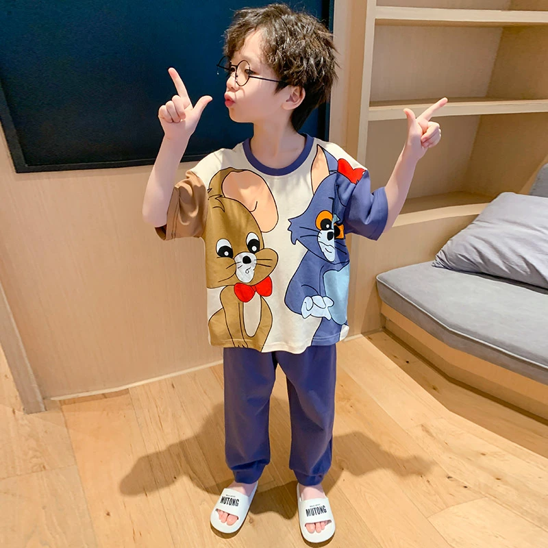 儿童睡衣男童春秋中大童小男孩纯棉家居服短袖长裤秋季款两件套装