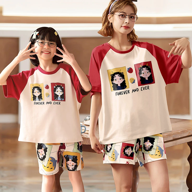 儿童睡衣女童夏季薄款纯棉短袖中大童家居服小女孩母女亲子套装
