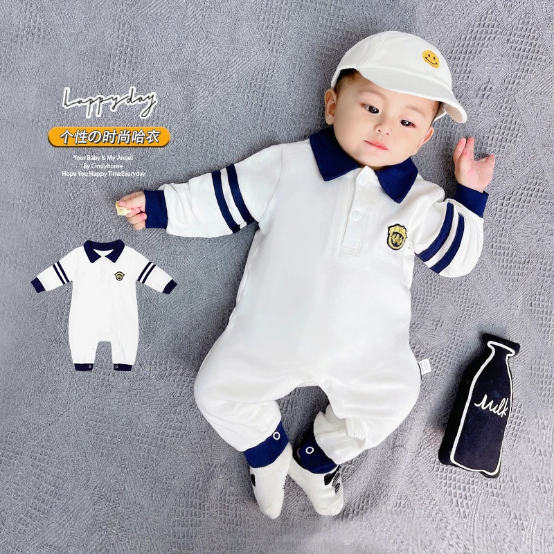 9315绅士英伦秋装新生婴儿纯棉连体衣男宝宝简约条纹翻领爬服