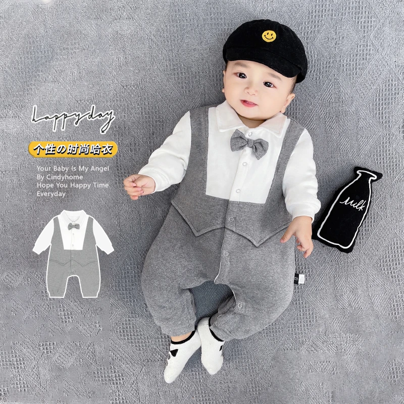 【优选】9316春装假两件婴幼儿绅士英伦背带连体衣秋季男宝宝小礼服