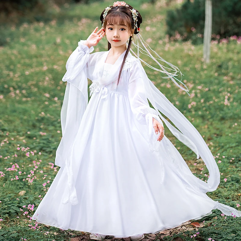 汉服女童春季儿童中国风超仙古装白娘子中国风长袖连衣裙女孩唐装