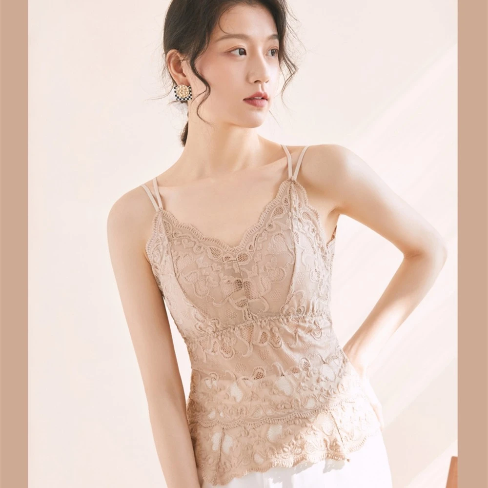 【两件装更划算】法式小香风蕾丝拼接自带杯垫二合一吊带夏季美背