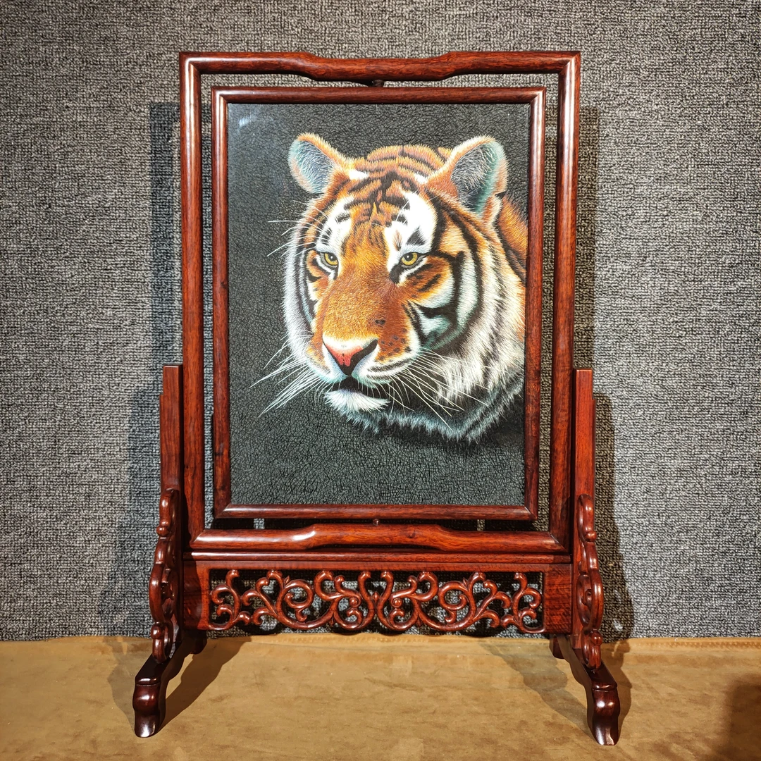 收藏级双面三异绣《狮虎》苏绣玄关工艺品摆台