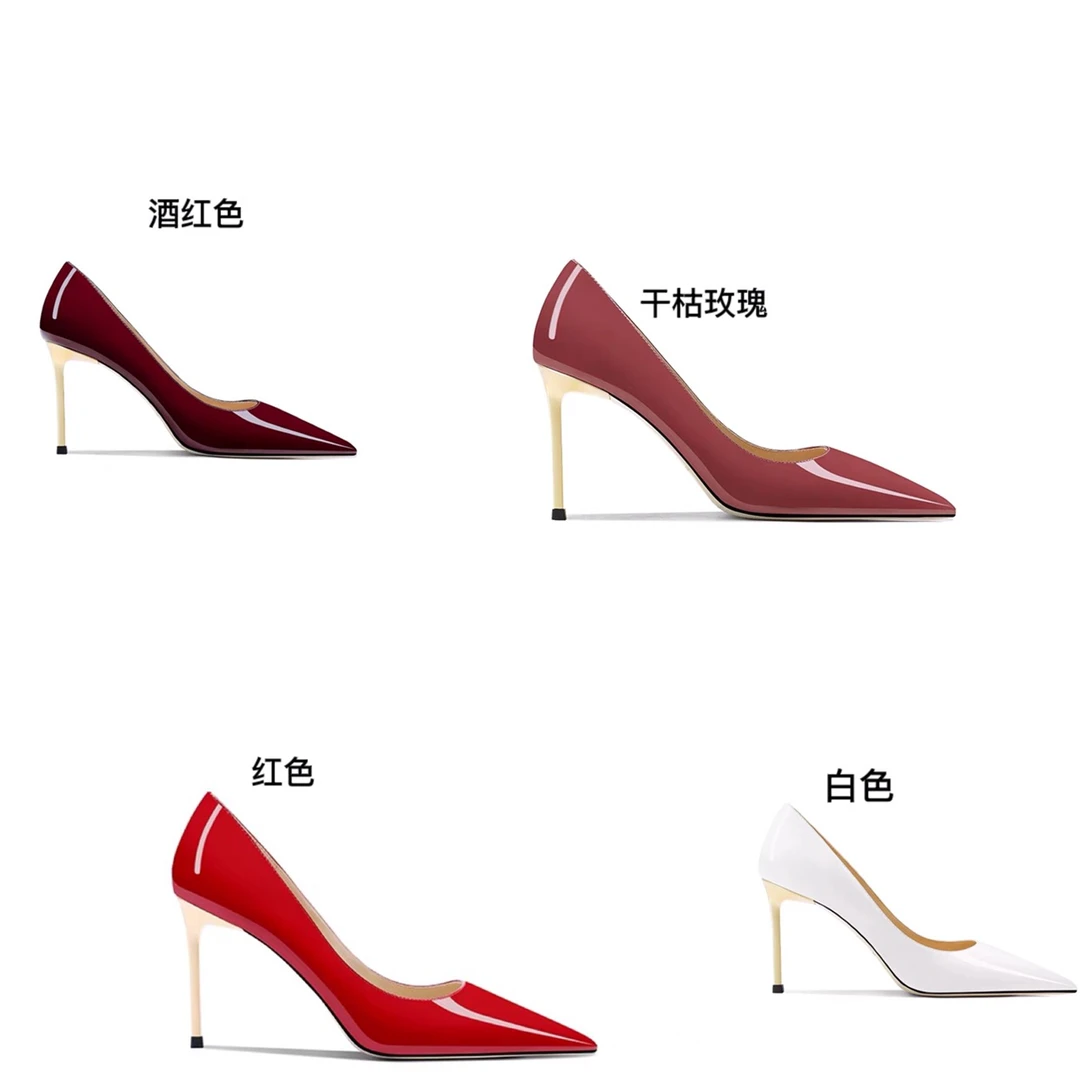漆皮浅口高跟鞋细高跟白色时尚轻奢百搭细跟尖头性感气质酒红色