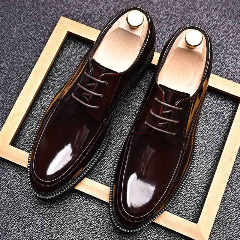 新款商务正装皮鞋男士英伦真皮系带小圆头厚底亮面男鞋德比鞋百搭