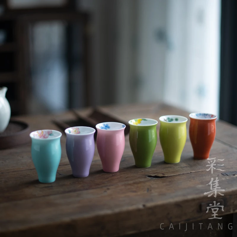 彩集堂 手绘釉下彩品茗杯闻香杯紫色釉清新茶具樱花主人茶杯