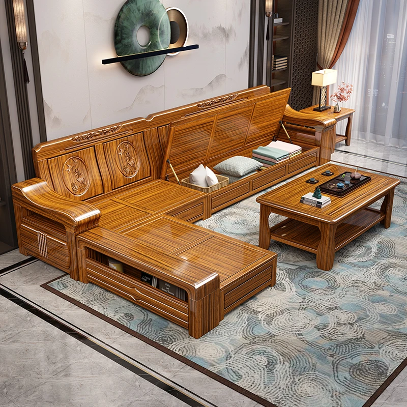 乌金木实木沙发全实木中式冬夏两用组合家具储物雕花木沙发多功能
