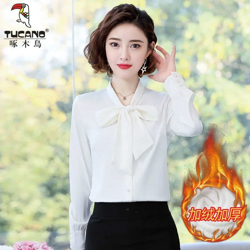 【官方品牌】啄木鸟百搭衬衫加绒加厚雪纺衬衣女长袖设计感上衣女潮