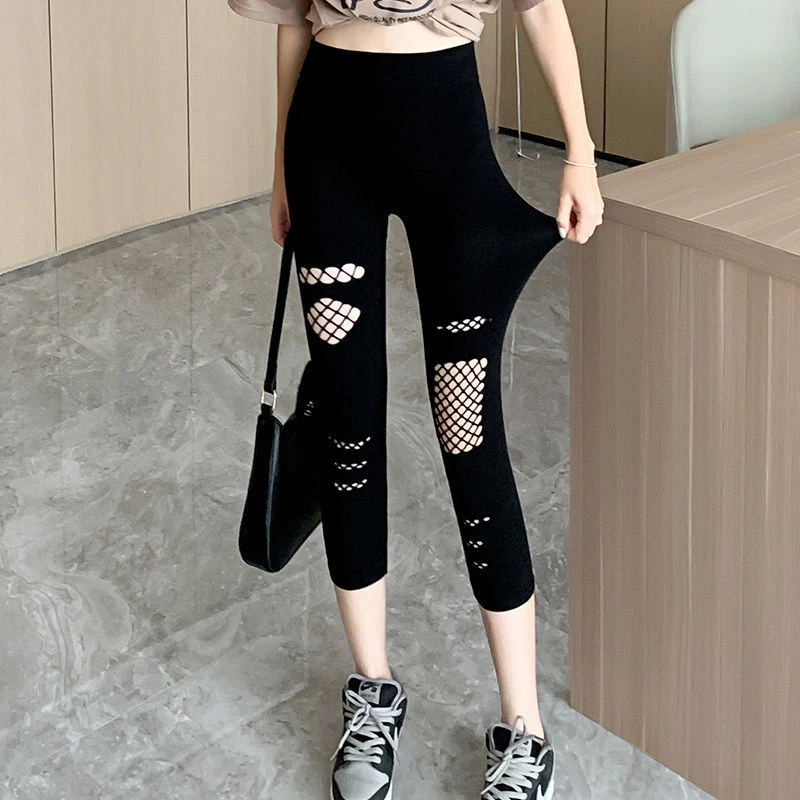 打底裤女夏薄款高腰莫代尔破洞渔网弹力大码胖MM显瘦七分裤女外穿