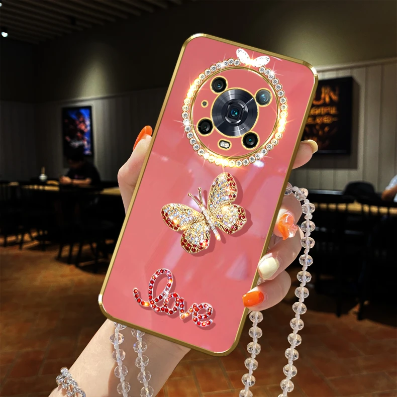 荣耀magic4Pro手机壳镶闪钻软硅胶防摔保护套带链子女款新品网红
