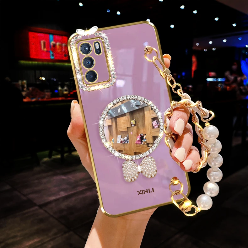 OPPO Reno6手机壳补化妆PEQM00镜子奢华镶闪钻女神款防摔保护套