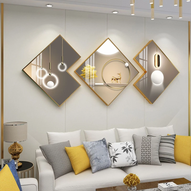 北欧客厅装饰画现代轻奢创意餐厅三联画壁画沙发背景墙挂画菱形画