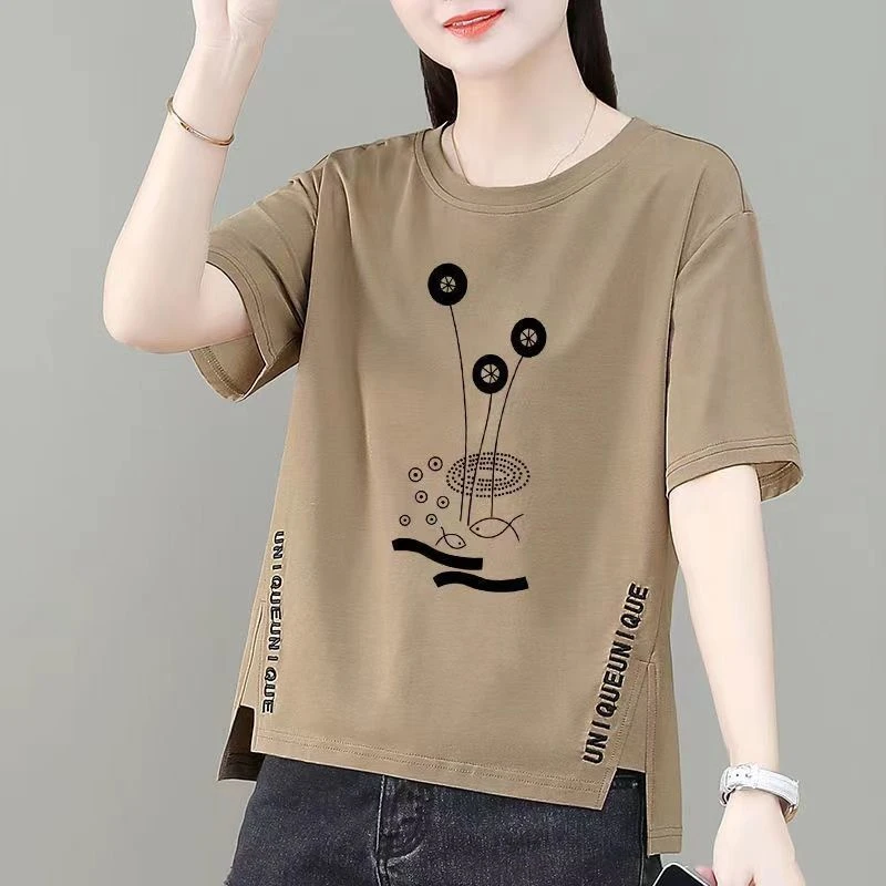 2023【纯棉】夏季新款不对称印花短袖t恤女装前短后长t恤上衣