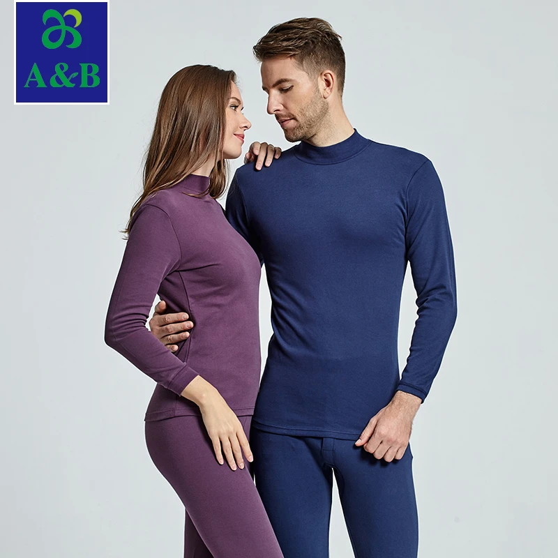 AB刷绒棉高领情侣保暖内衣男士纯精梳棉透气大码女全棉毛衫套装