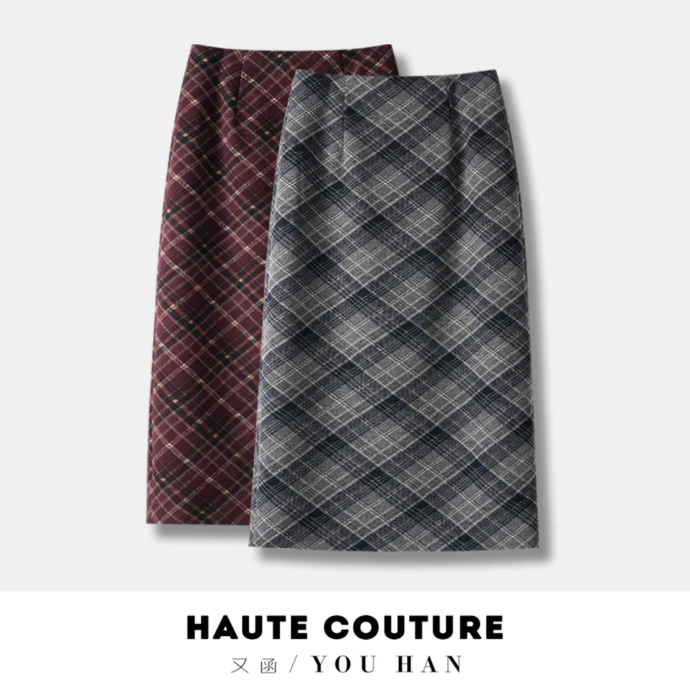 2025新款复古格纹毛呢半身裙开叉秋冬中长裙格子气质百搭保暖冬季
