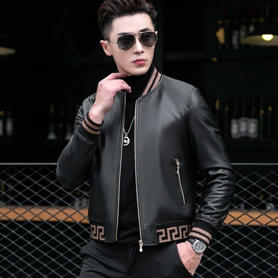 春秋季海宁真皮皮衣男士短款棒球领绵羊皮修身休闲皮夹克潮流外套