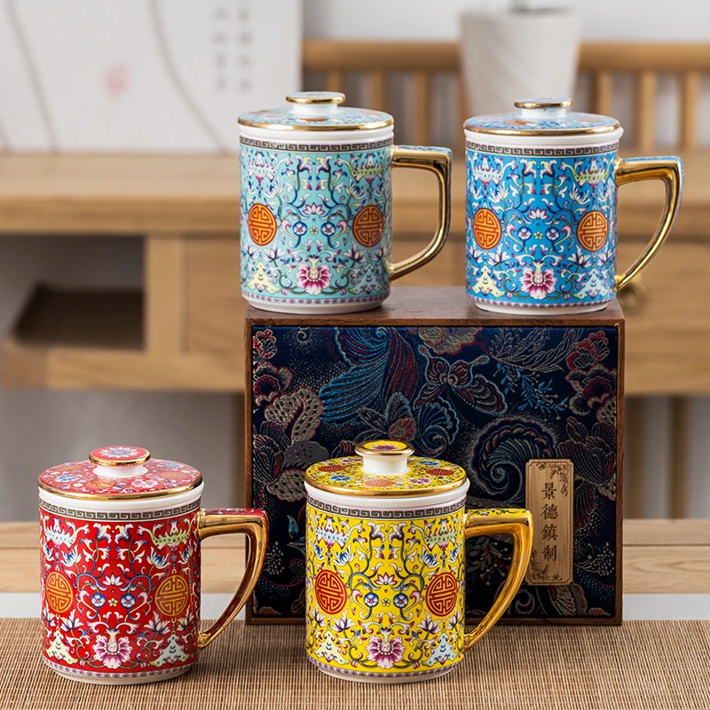 时光过滤杯景德珐琅彩福寿380ml过滤茶杯陶瓷水杯